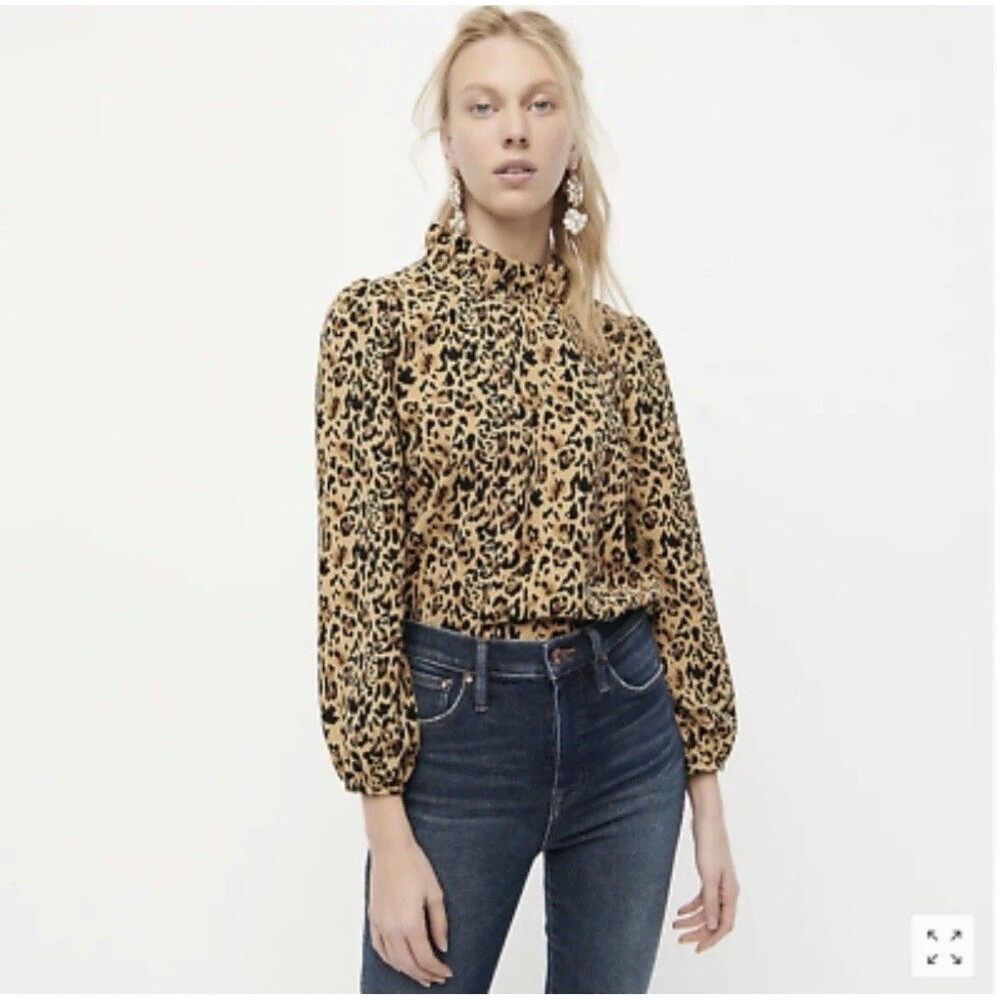 J.Crew Long Sleeve Ruffle Neck Blouse Top Leopard Animal Print Keyhole Sz 2XL